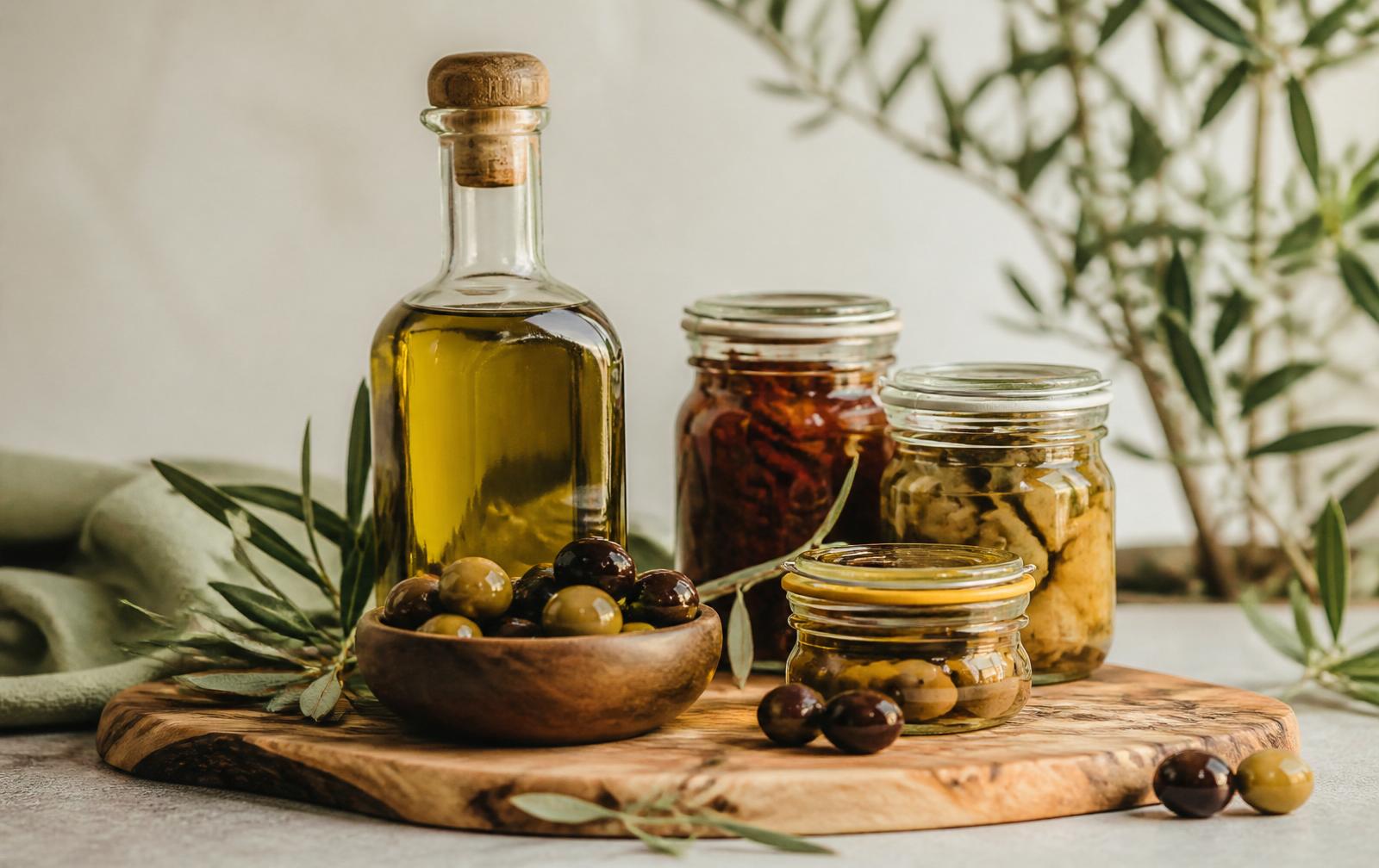 Huile d'olive, olives et conserves artisanales sur une planche en bois d'olivier